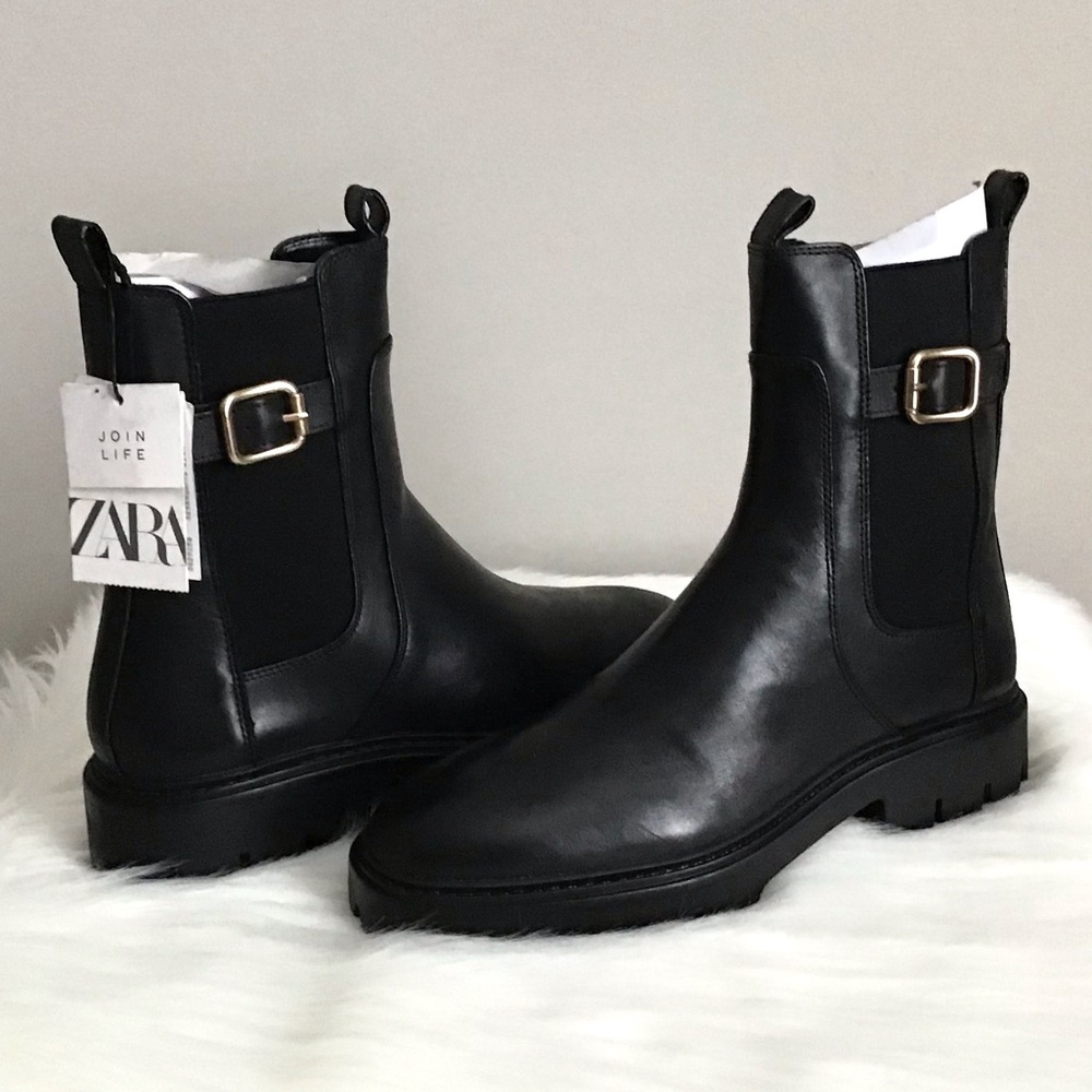 ZARA Leather Ankle Boots With Buckle New With Tag